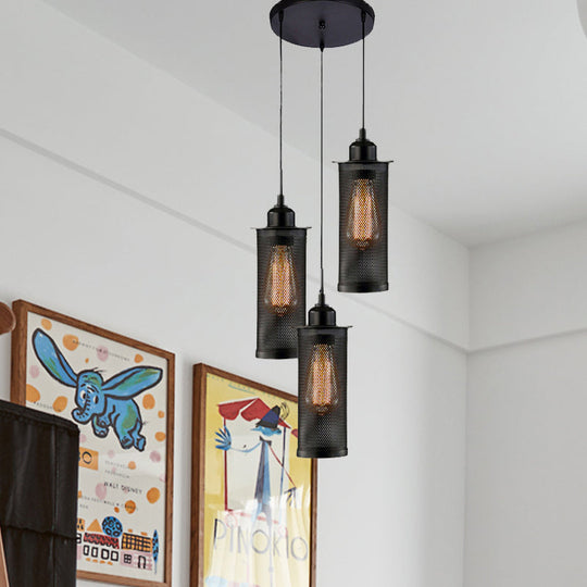 Vintage 3/8 Bulbs Pendant Light With Mesh Shade - Stylish Kitchen Ceiling Fixture In Black
