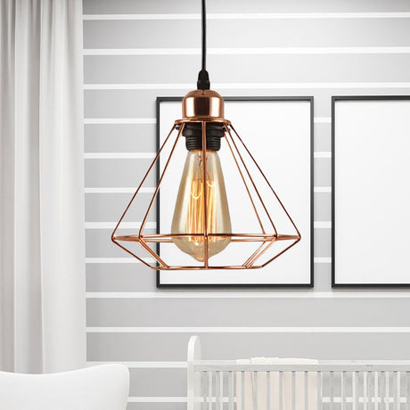 Rose Gold Geometric Cage Ceiling Light - Loft Industrial Pendant Lighting For Bedroom