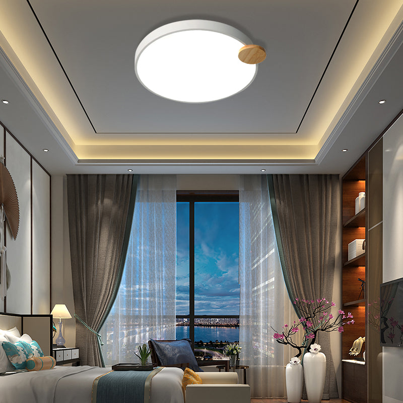 Modern Led Round Flush Mount Light With Wood Detail For Bedroom - 12’/16’/19.5