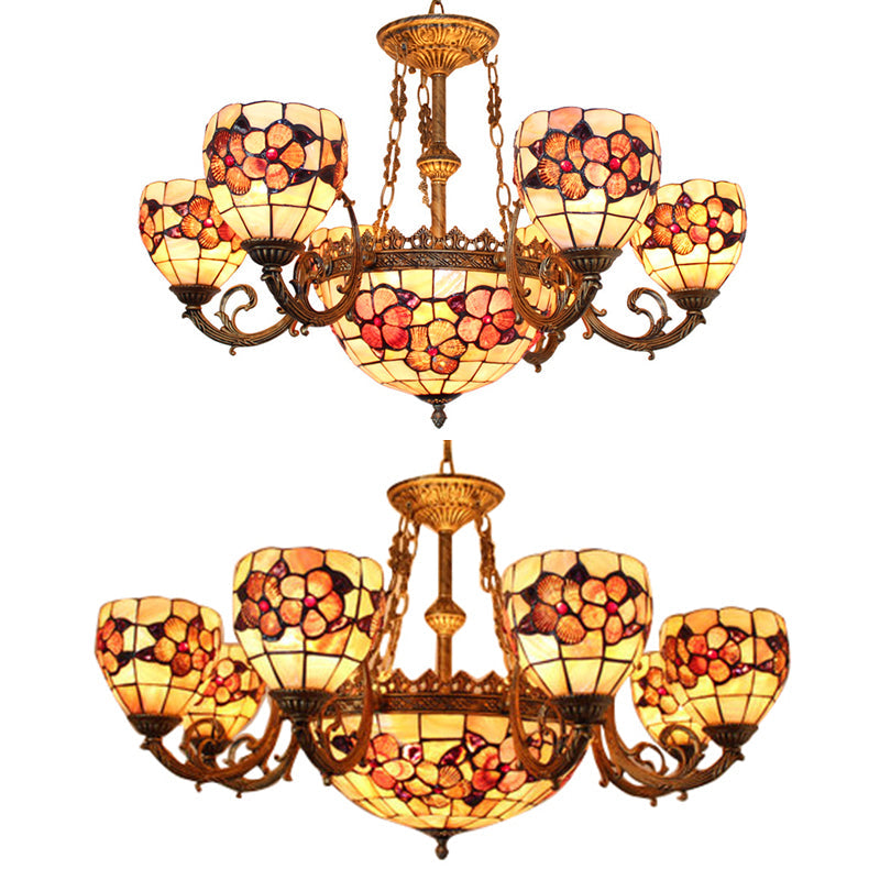 Tiffany Shell Multi-Head Pendant Chandelier In Beige For Living Room Decor