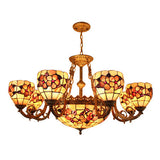 Beige Tiffany Shell Chandelier - Multi-Head Pendant Light With Ornate Flower Design For Living Room