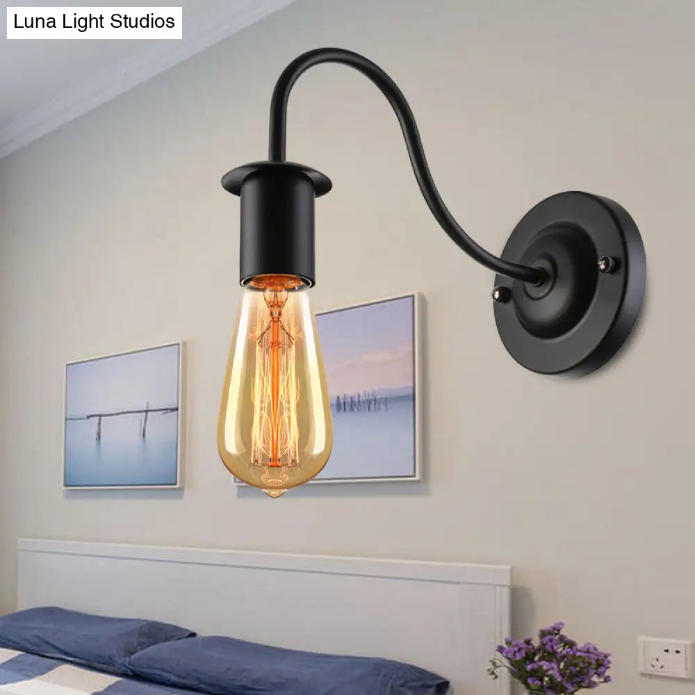 7/11 Dia Vintage Gooseneck Arm Metal Wall Lamp With Bare Bulb In Black