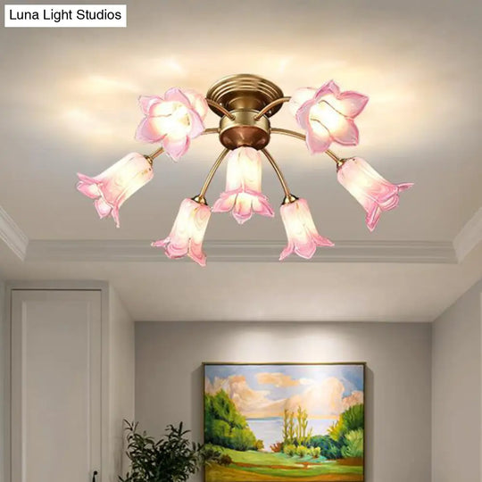 7 Bulbs Countryside Lily/Tulip Glass Ceiling Light - Semi Flush Mount For Living Room Purple