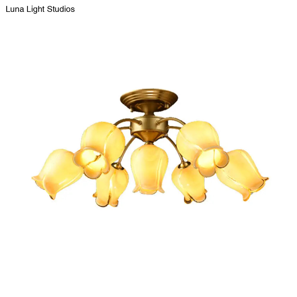 7 Bulbs Countryside Lily/Tulip Glass Ceiling Light - Semi Flush Mount For Living Room