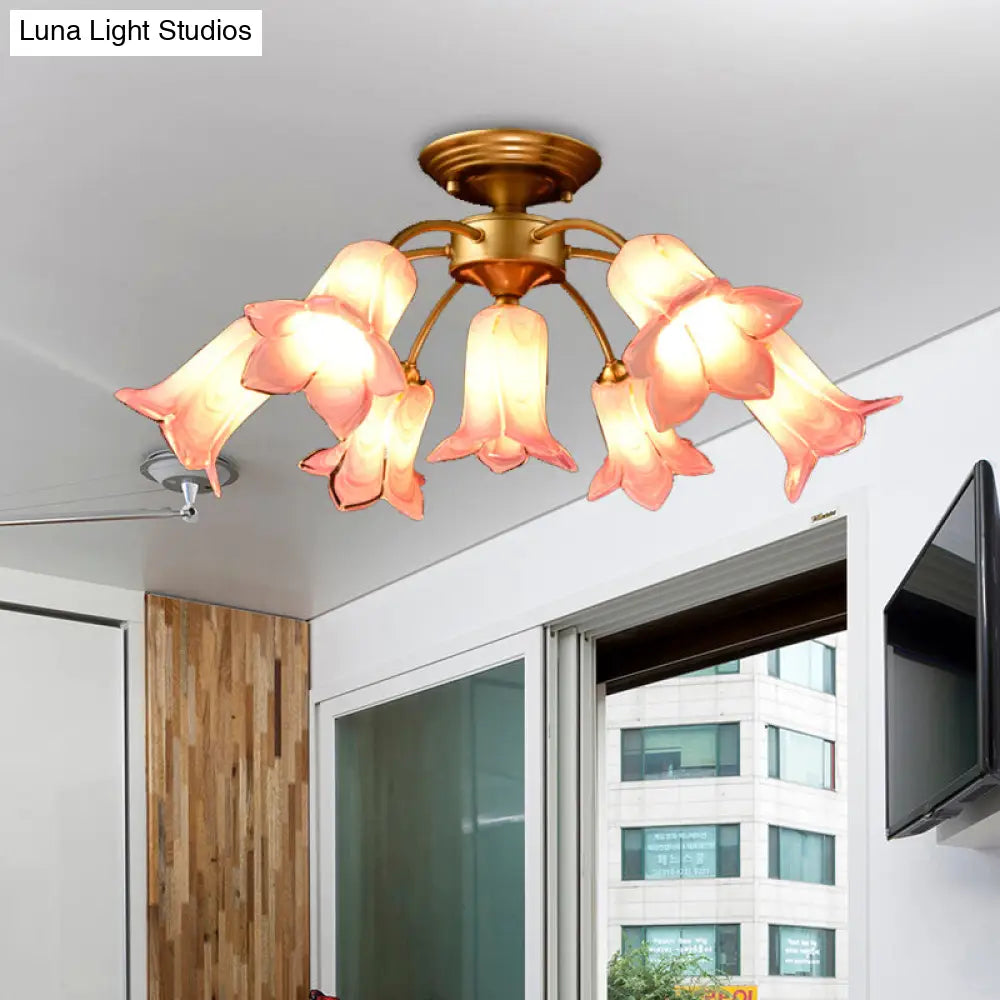 7 Bulbs Countryside Lily/Tulip Glass Ceiling Light - Semi Flush Mount For Living Room