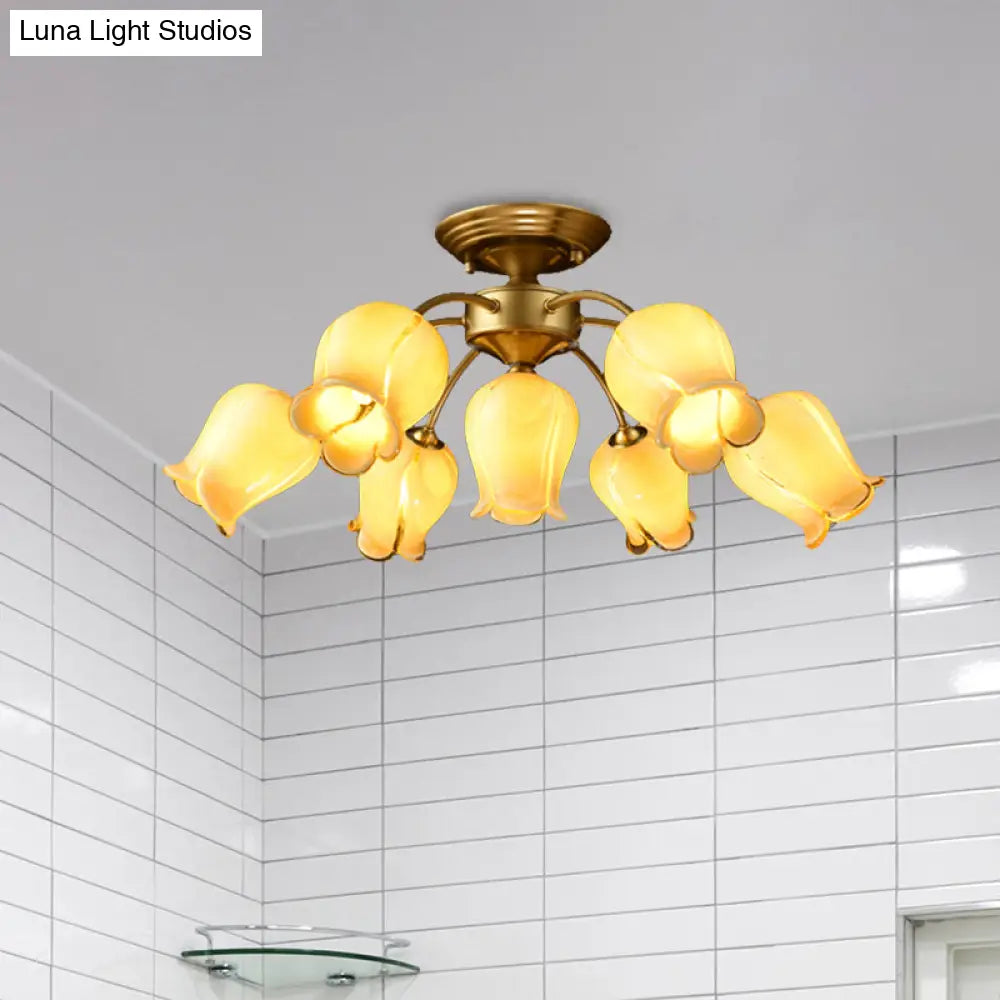7 Bulbs Countryside Lily/Tulip Glass Ceiling Light - Semi Flush Mount For Living Room