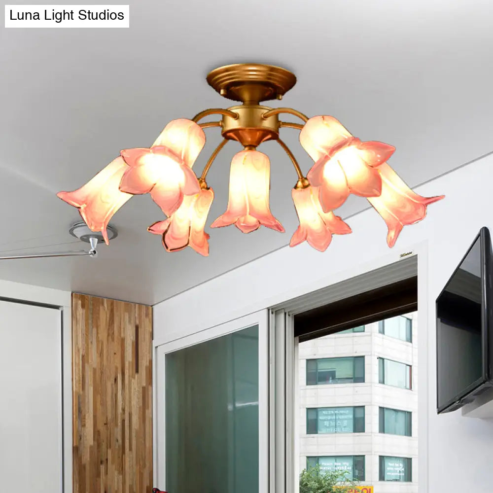 7 Bulbs Countryside Lily/Tulip Glass Ceiling Light - Semi Flush Mount For Living Room