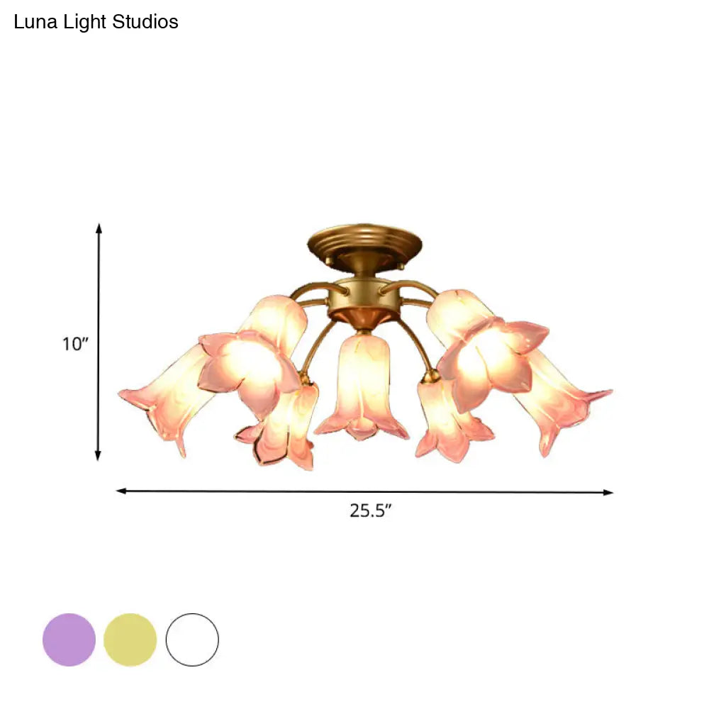 7 Bulbs Countryside Lily/Tulip Glass Ceiling Light - Semi Flush Mount For Living Room