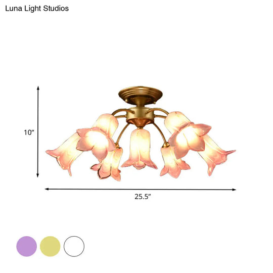 7 Bulbs Countryside Lily/Tulip Glass Ceiling Light - Semi Flush Mount For Living Room