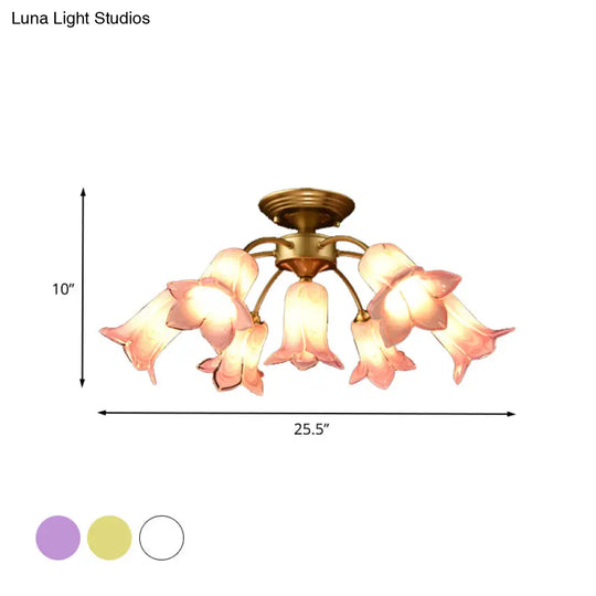 7 Bulbs Countryside Lily/Tulip Glass Ceiling Light - Semi Flush Mount For Living Room