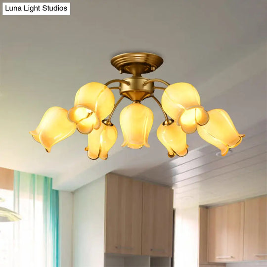 7 Bulbs Countryside Lily/Tulip Glass Ceiling Light - Semi Flush Mount For Living Room Yellow