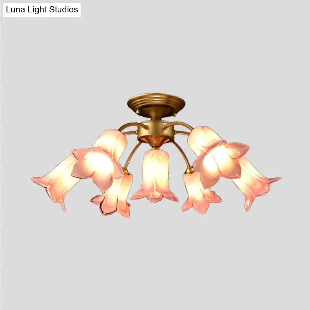 7 Bulbs Countryside Lily/Tulip Glass Ceiling Light - Semi Flush Mount For Living Room