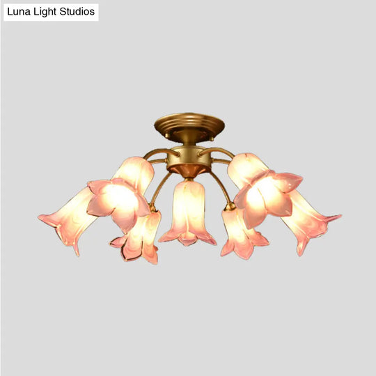 7 Bulbs Countryside Lily/Tulip Glass Ceiling Light - Semi Flush Mount For Living Room