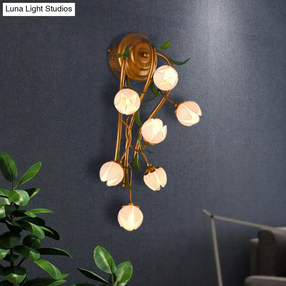 7-Light Flower Sconce Wall Mount Lighting For Bedroom - Countryside White/Pink/Yellow Glass Fixture