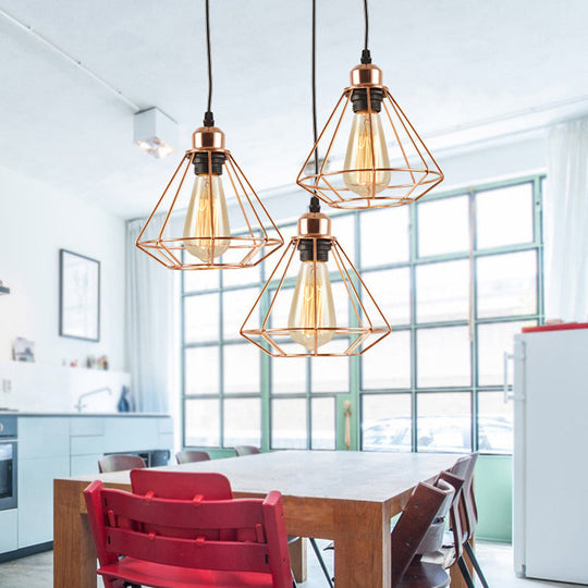 Loft Style Copper Diamond Caged Pendant Lamp - 3 Lights Black Finish / Round