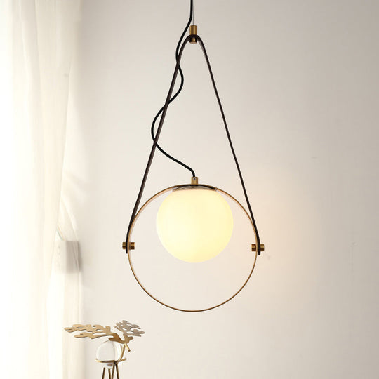 Modernist Gold Ring Suspension Light - Metal Hanging Ceiling Lamp With Belt Detail