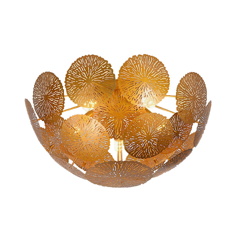 Gold Lotus Leaf 5 - Head Semi Flush Light: Modern Metal Fixture