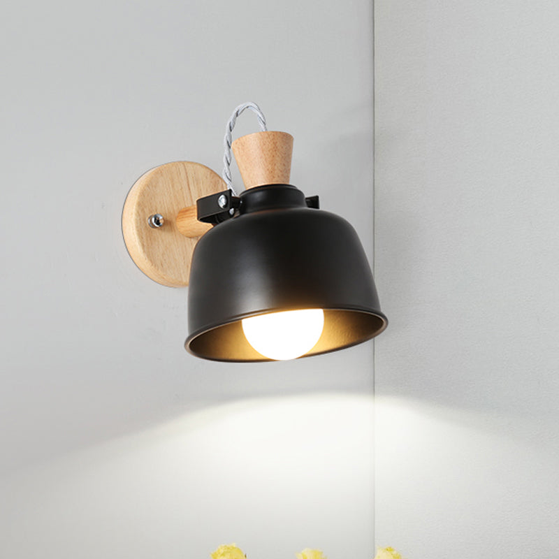 Iron Macaron Handle Wall Sconce Lamp - Bowl Bedside Light Fixture In Grey/Black With Wood Top Black