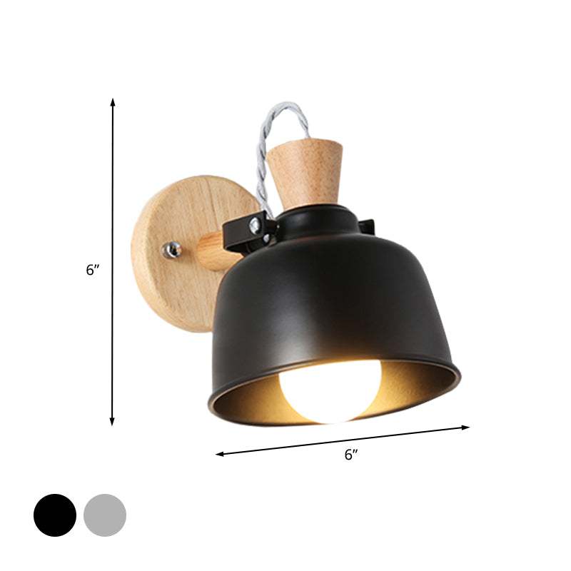 Iron Macaron Handle Wall Sconce Lamp - Bowl Bedside Light Fixture In Grey/Black With Wood Top