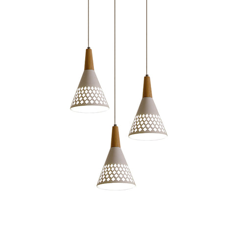 Modernist 3-Head Cone Pendant Light: Iron Cluster Lamp With Hollow Out Grid Design In White And Wood