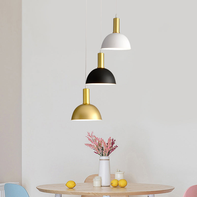 Nordic Domed Hanging Light Kit - 3-Head Iron Pendant In White-Black-Gold For Stylish Dining Rooms
