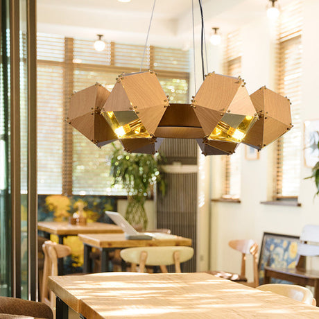 Modernist Dark Wood Polyhedron Chandelier With 6 Metallic Heads - Ceiling Pendant Lamp For
