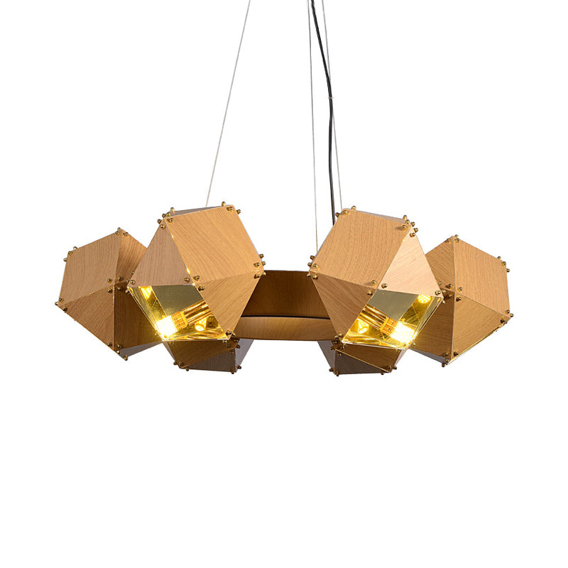 Modernist 6-Head Polyhedron Chandelier: Metallic Pendant Lamp Dark Wood Finish