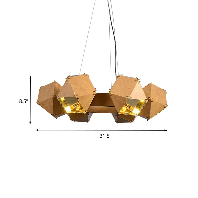Modernist Dark Wood Polyhedron Chandelier With 6 Metallic Heads - Ceiling Pendant Lamp For