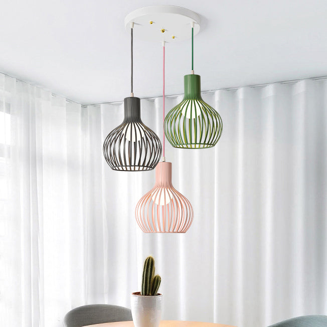 Wire Dome Shade Industrial Ceiling Light With 3 Bulbs - Grey/Pink For Dining Room Hanging
