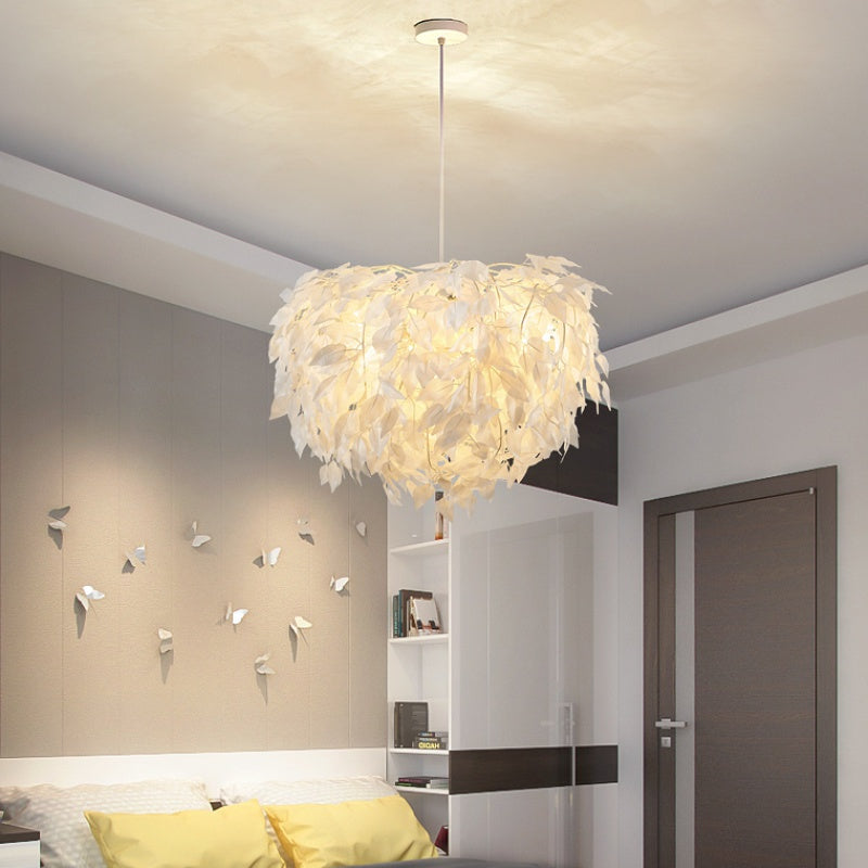 Modern White Fabric Leaf Chandelier Pendant Light - 4-Head Hanging Lamp Kit For Bedroom