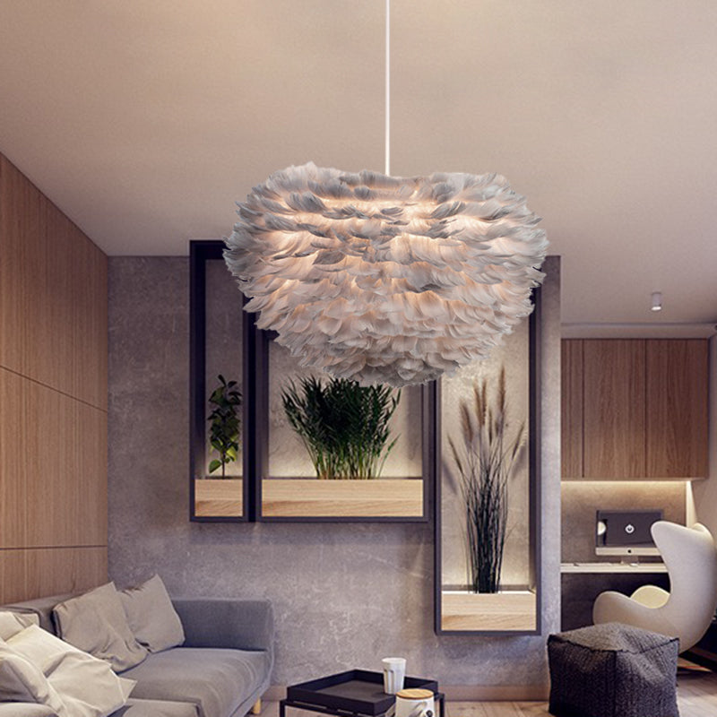 Feather Hanging Chandelier In White/Grey/Pink For Modern Bedroom Lighting - Fabric 4-Light Ceiling