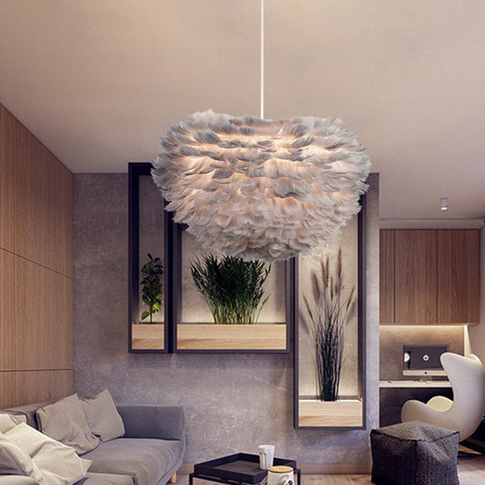 Feather Hanging Chandelier In White/Grey/Pink For Modern Bedroom Lighting - Fabric 4-Light Ceiling