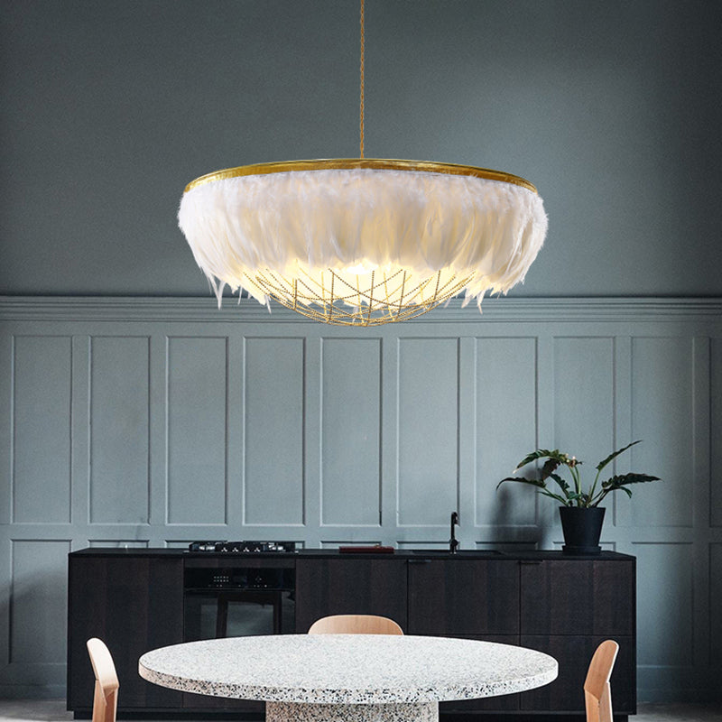 Modern Dome Cage Metallic Chandelier: Gold 2-Bulb Ceiling Lamp With Feather Deco - White Grey Pink