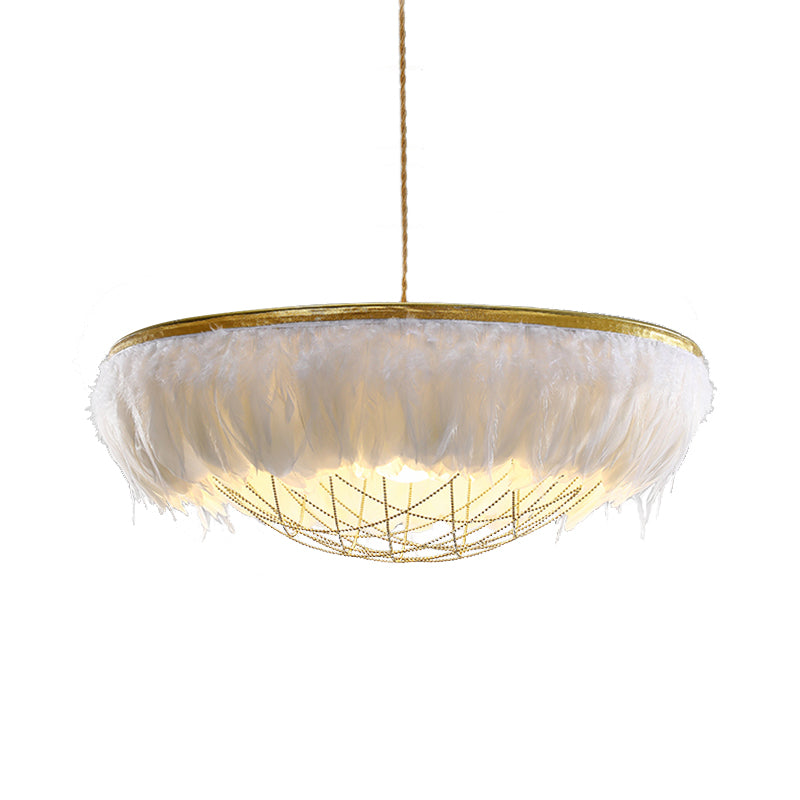 Modern Dome Cage Metallic Chandelier: Gold 2-Bulb Ceiling Lamp With Feather Deco - White Grey Pink