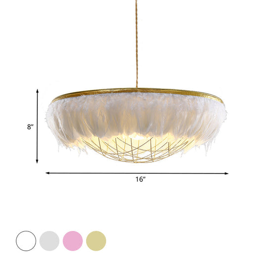 Modern Dome Cage Metallic Chandelier: Gold 2-Bulb Ceiling Lamp With Feather Deco - White Grey Pink