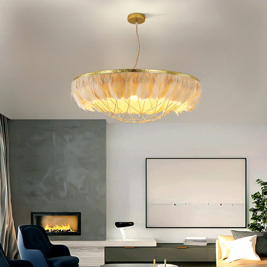 Modern Dome Cage Metallic Chandelier: Gold 2-Bulb Ceiling Lamp With Feather Deco - White Grey Pink