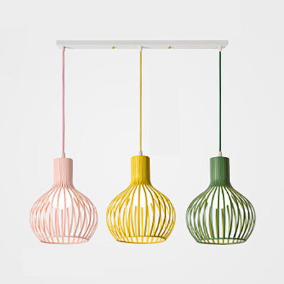Wire Dome Shade Industrial Ceiling Light With 3 Bulbs - Grey/Pink For Dining Room Hanging