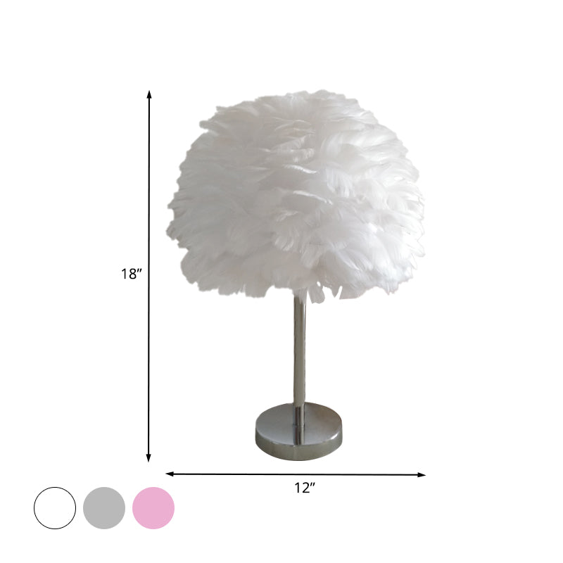 Contemporary Feather Night Table Lamp - Globe Bedside Light In White/Grey/Pink