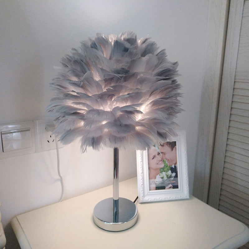 Contemporary Feather Night Table Lamp - Globe Bedside Light In White/Grey/Pink Grey