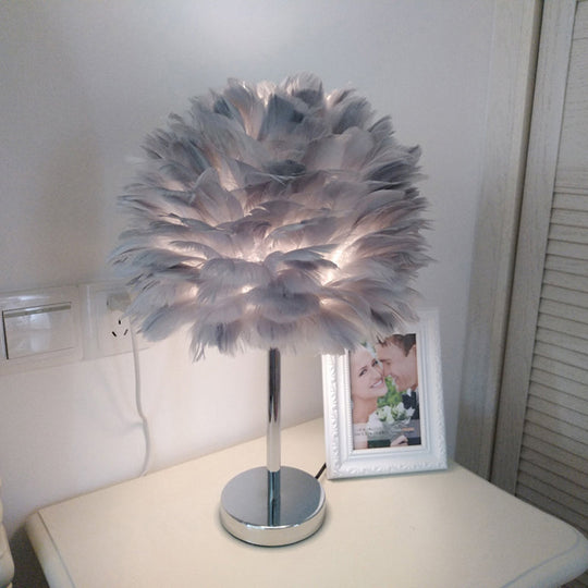 Contemporary Feather Night Table Lamp - Globe Bedside Light In White/Grey/Pink Grey