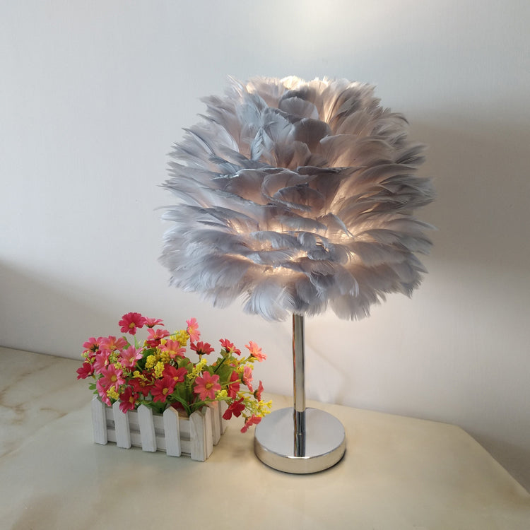 Contemporary Feather Night Table Lamp - Globe Bedside Light In White/Grey/Pink