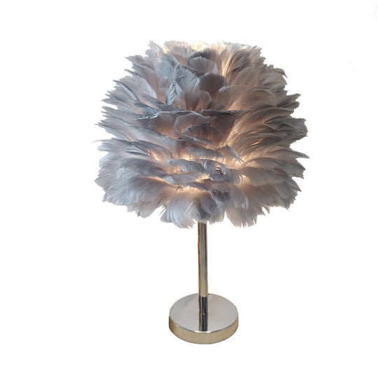 Contemporary Feather Night Table Lamp - Globe Bedside Light In White/Grey/Pink