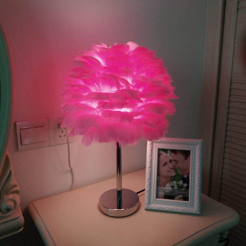 Contemporary Feather Night Table Lamp - Globe Bedside Light In White/Grey/Pink