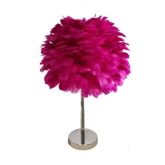 Contemporary Feather Night Table Lamp - Globe Bedside Light In White/Grey/Pink