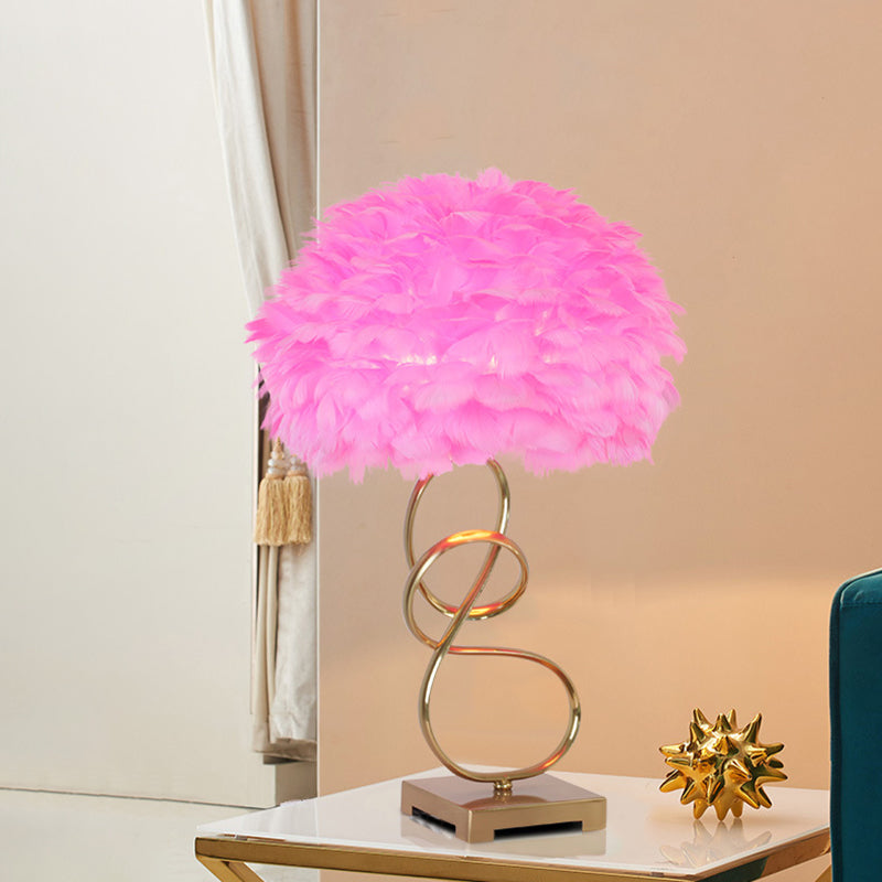 Modern Gold Reading Lamp: Spiral Metal Table Lighting With Pink Feather Fabric Shade