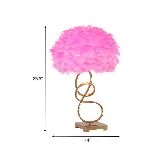 Modern Gold Reading Lamp: Spiral Metal Table Lighting With Pink Feather Fabric Shade