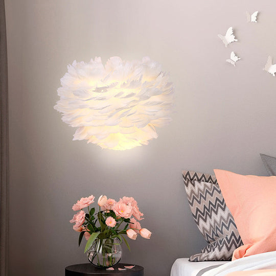 Contemporary White Feather Flush Wall Sconce - 1 Bulb Fabric Mounted Light For Bedside