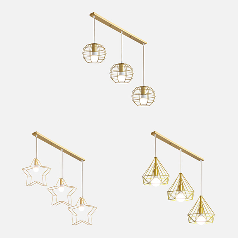 Industrial Iron Hanging Ceiling Light With 3 Golden Globe Diamond And Star Shades