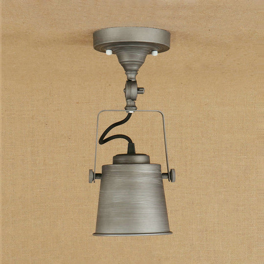 Antique Metal Bucket Shade Ceiling Lamp - Rotatable Semi Flush Pendant Light For Living Rooms 1