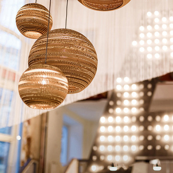 Asian Stylish Brown Corrugated Paper Pendant Lamp With Drum Shape And Globe Design - 1 Light Indoor